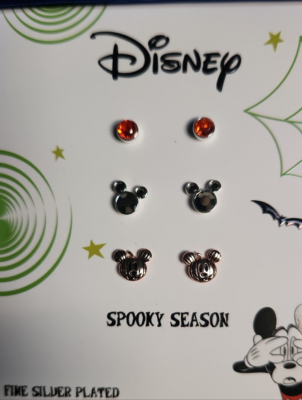 Disney Silver Plated Spooky Season Mickey Stud 3 Earring Pair Set - Rhinestones